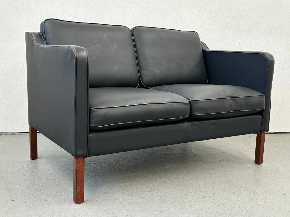 Danish Black Leather Loveseat