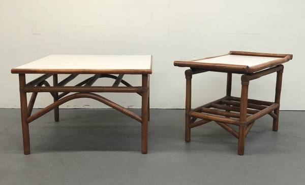 Vintage Rattan End Table TWO Tiki Style Side Tables