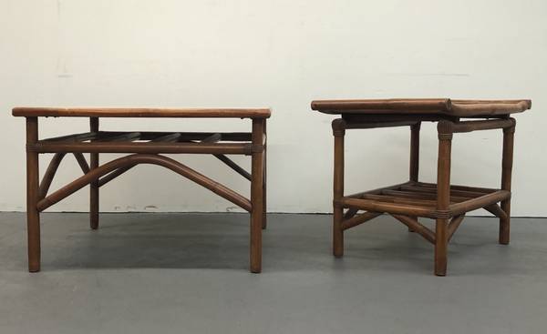Vintage Rattan End Table TWO Tiki Style Side Tables