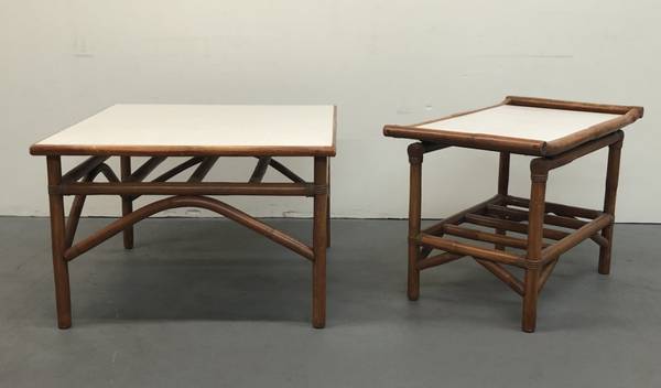 Vintage Rattan End Table TWO Tiki Style Side Tables